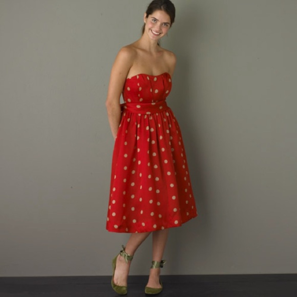 J. Crew Collection silk strapless red polka dot red dress size 2